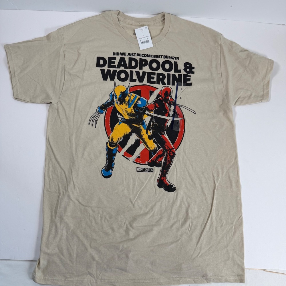 New Deadpool &‎ Wolverine Graphic T Shirt Large Beige Marvel Movie Tee NWT